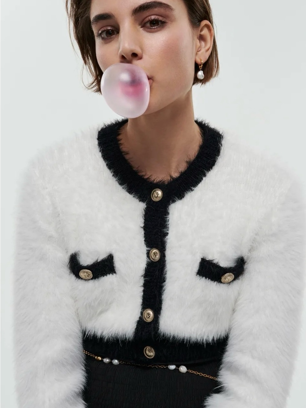 Maje White Teddy Cropped Jacket with Black Trim